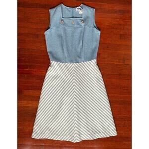 Vintage 60's C.M. Courtney Light Blue White Chevron Striped A Line Day Dress XS
